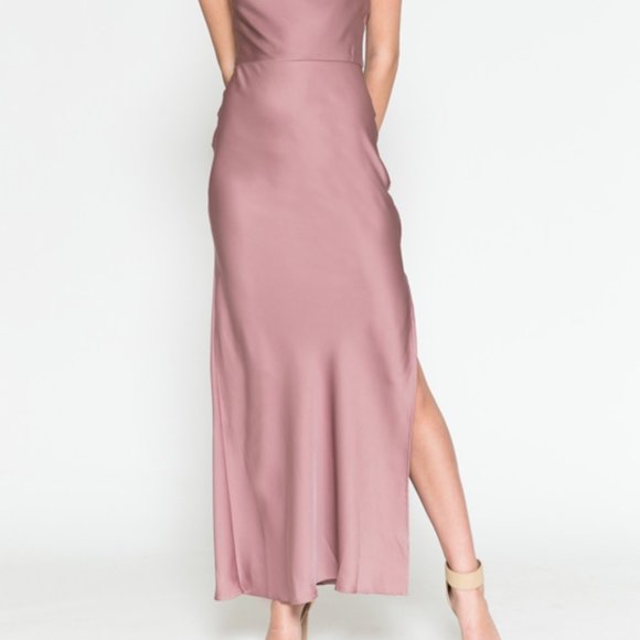 MAUVE SIMPLE SATIN PARTY BRIDSMAIDS EVENING MIDI SHEATH GOWN DRESS AC6115 - Picture 2 of 6